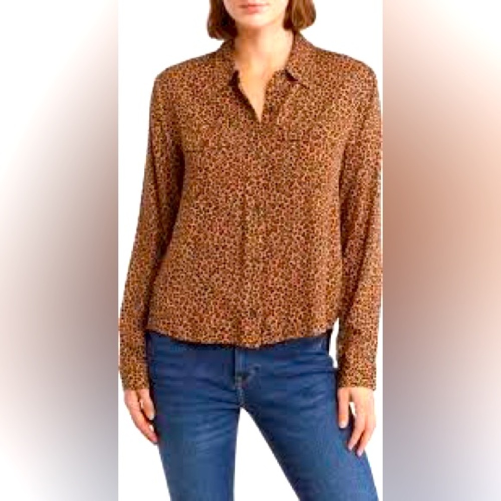 DKNY Jeans Women Pointed Collar Long Sleeve Allover Print Shirt, Black/Tan XXS